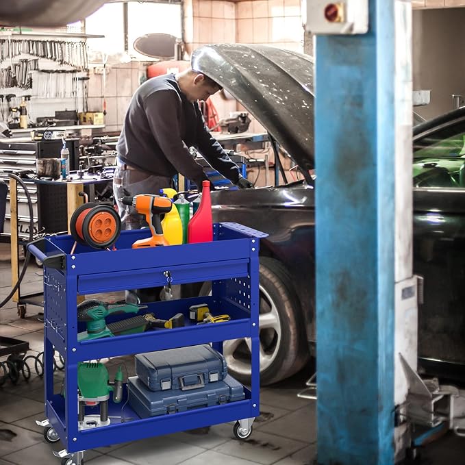3 Tier Rolling Tool Cart with Drawer, 450 LBS Heavy Duty Utility Cart on Wheels, Service Cart for Garage, Workshop and Warehouse (Blue)