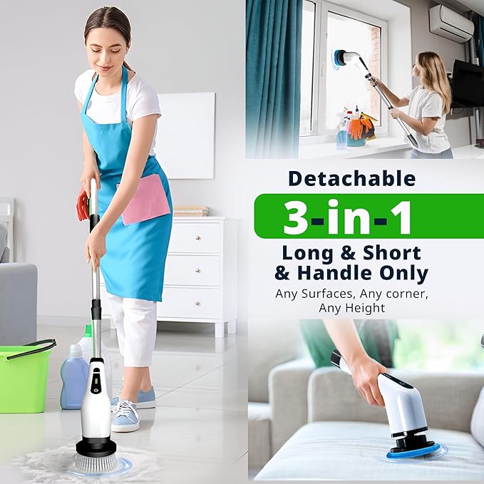 Versatile Depot Electric Spin Scrubber for Bathroom with 7 Replaceable Brush Heads – Power Scrubber with Adjustable Long Handle – Cordless Shower Cleaning Brush for Tile, Tub & Floor