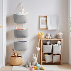 Hanging Baskets for Organizing,3-Tier Woven Cotton Wall-Mounted Storage Organizer Bag Decorative,Kitchen,Living Room,Bedroom,Nursery,Grey