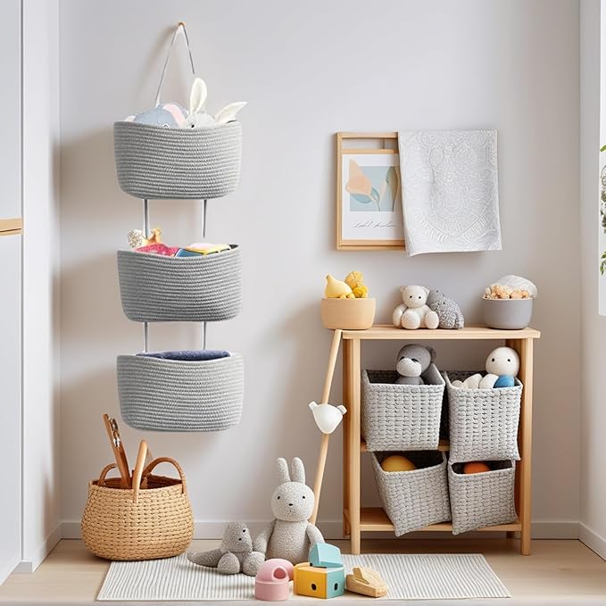 Hanging Baskets for Organizing,3-Tier Woven Cotton Wall-Mounted Storage Organizer Bag Decorative,Kitchen,Living Room,Bedroom,Nursery,Grey