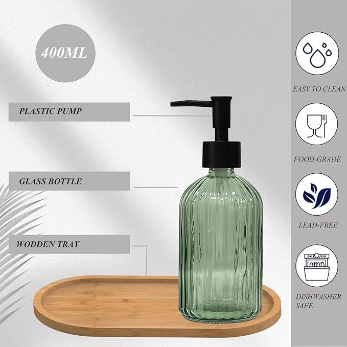 Glass Hand and Dish Soap Dispenser Set of 2 with Plastic Pumps, Bamboo Tray, 13.5oz Green Bathroom Soap Dispenser with Vertical Stripe for Hand Wash & Dish Wash, Ideal for Bathroom Kitchen Countertop