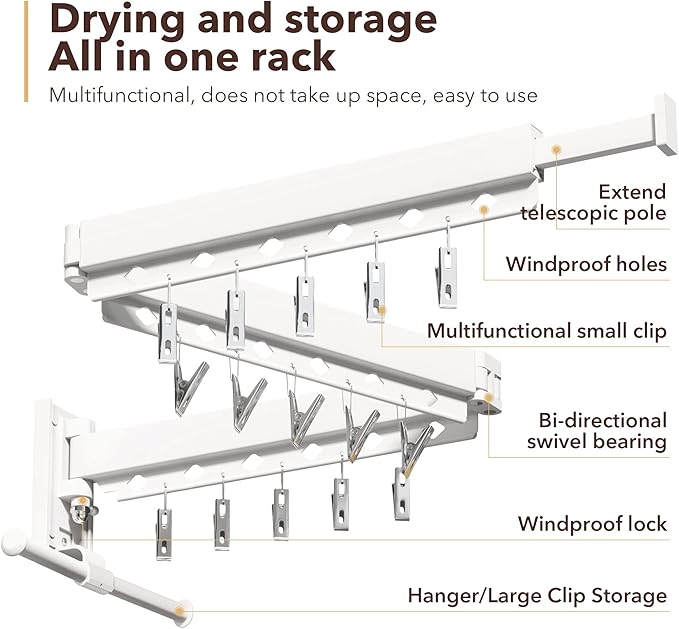 Wall Mounted Clothes Hanger,Clothes Drying Rack,Laundry Rack Wall Mount,Drying Rack Clothing,Clothes Rack Retractable,Collapsible(Tri-Fold), with Windproof Holes & Clips,White Color