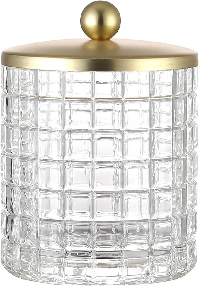 Clear Tranparent Apothecary Etched Geometric Grid Glass Jar W/Gold Metal Lid Cover for Bathroom Organization, Cotton Balls, Q Tips, and Small Accessories, Bathroom Storage