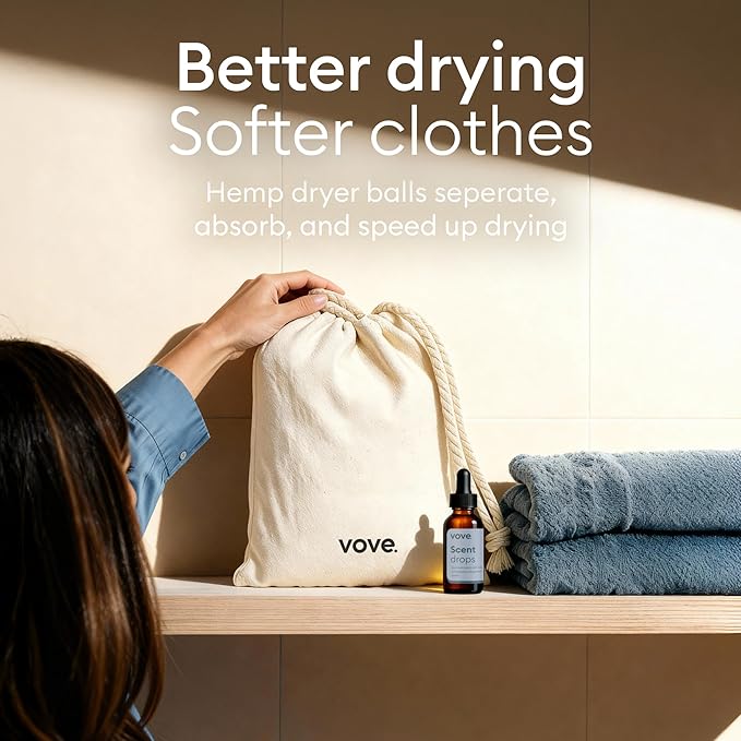 Vove Natural Hemp Dryer Balls Kit with Scent Drops - 4 Pack & Essential Oil Blend - 5X More Absorbent Than Wool - Natural Softener, Reduces Wrinkles and Static, Customizable Fresh Scent, Reusable