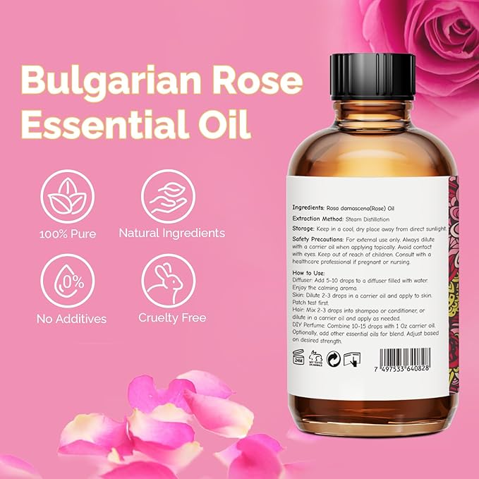 Rose Essential Oil 4 Oz, 100% Pure Natural Rose Oil for Diffuser, Skin, Hair, Body, Face Care, Perfume DIY