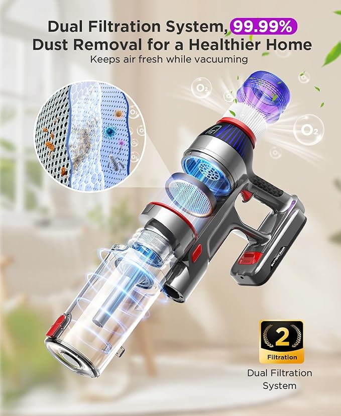 Cordless Stick Vacuum Cleaner for Home: Power Suction Vacuum Tangle-Free Lightweight Design & 2600mAh Detachable Battery Up to 50mins Runtime for Pet Hair Carpet Hardwood Floor