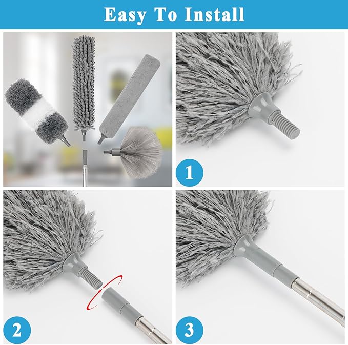 Microfiber Duster Kit 27pcs with 30 to 100 Inches Extension Pole and Wall Cleaner Mop, Washable and Bendable Feather Duster for Cleaning Ceiling Fans, High Ceilings, Cobwebs, Blinds, Grey