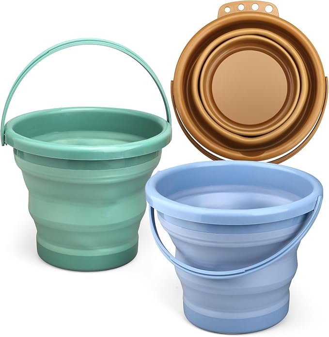 3PCS Foldable Beach Bucket Sandbox Kit Toys for Kid Adult, Collapsible Small Bucket for Washing Camping Fishing, Silicone Sand Pail for Garden Planting, Travel, Beach Summer Toy Gift for Boy Girl