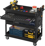 3 Tier Rolling Tool Cart with Drawer, 450 LBS Heavy Duty Utility Cart on Wheels, Service Cart for Garage, Workshop and Warehouse (Black)