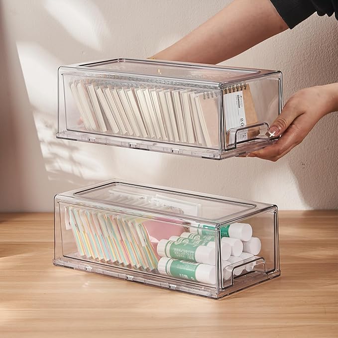 2 Pack Stackable Pull-Out Storage Drawers，Plastic Clear Organizer Bins with Handles，Easily Clean for Craft, and Toy Organization，Kitchen Undersink，Cabinet，Fridge，Closet，Pantry，Office，Bathroom