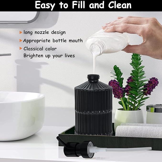 Black Glass Soap Dispenser with Pump, 15oz Refillable Liquid Hand Soap Dispenser, Lotion Dish Soap Dispenser for Modern Home Decor, Bathroom, Kitchen Countertop, Hotel