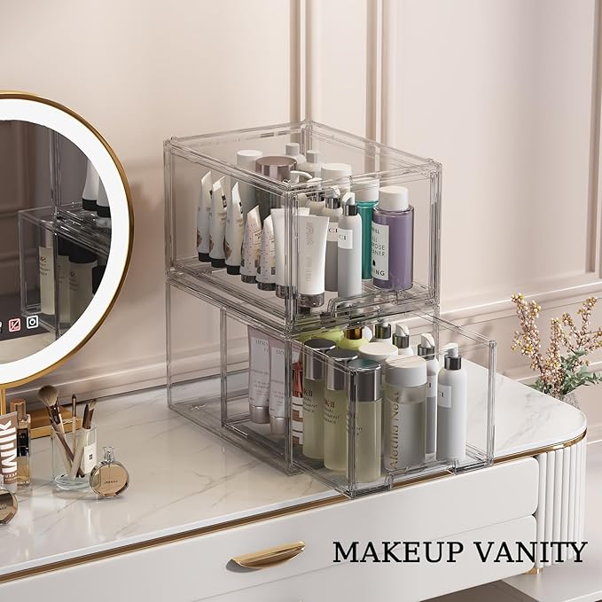3 Pack Large Stackable Storage Drawers, Clear Plastic Drawer Organizer, Under Sink Cabinet Drawers, Pantry Organizers and Storage Drawer for Makeup, Bathroom, Kitchen, Office