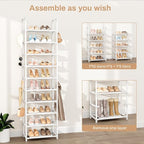 VTRIN 10 Tiers Tall Shoe Rack Holds 20-25 Pairs of Shoes Sturdy Vertical Shoe Organizer with 18pcs Hooks Stackable Narrow Shoe Rack for Closet, Entryway White