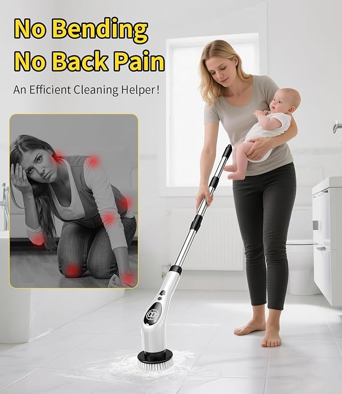 Electric Spin Scrubber,Cordless Cleaning Brush,Shower Scrubber with 9 Scrub Brush,3 Speed,Adjustable Extension Handle,Power LED Display, Voice Broadcast,Power Scrubber for Bathroom Kitchen Cleaning