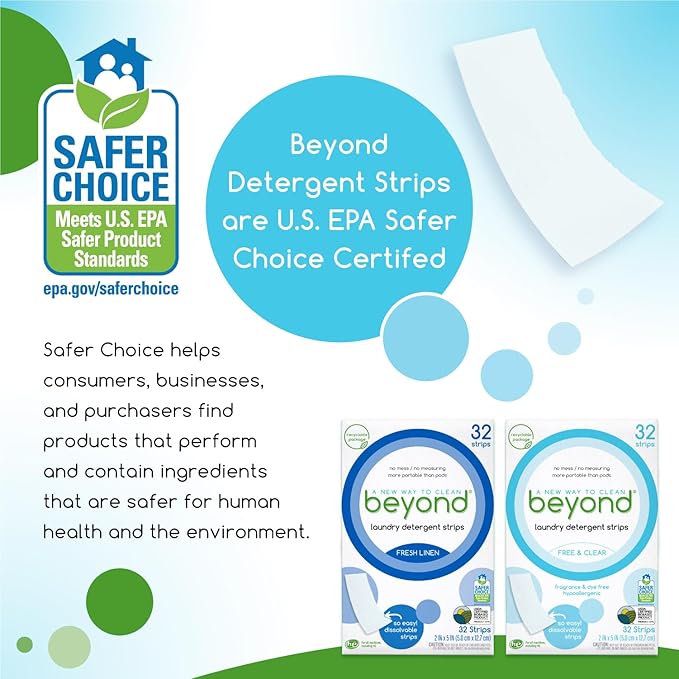 Beyond Laundry Detergent Strips [12 packs of 32 strips] - Fresh Linen - Eco-friendly, Hypoallergenic. Travel friendly. Dissolvable Strips