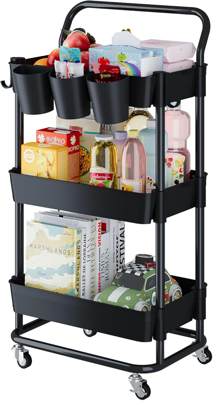Buzowruil 3-Tier Rolling Utility Cart, Storage Cart with Handle Multi-Purpose and Locking Wheels,with Hanging Basket and Hook for Office, Kitchen, Bathroom,Black
