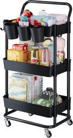 Buzowruil 3-Tier Rolling Utility Cart, Storage Cart with Handle Multi-Purpose and Locking Wheels,with Hanging Basket and Hook for Office, Kitchen, Bathroom,Black