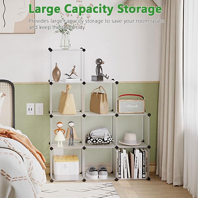C&AHOME Cube Storage, 9-Cube Plastic Closet Cabinet Organizer, DIY Stackable Bookshelf, Modular shelving Units Ideal for Home, Office, Kids Room, 36.6"L x 12.4" W x 48.4" H Translucent White SBTM3009A