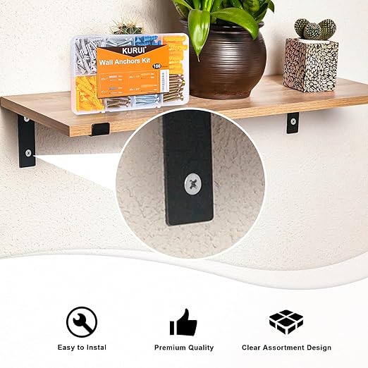 KURUI Wall Anchors Kit for Hanging Wall Art Decor, 160Pcs Drywall Anchors Assortment Kit for Frame Shelf Decorations, Plant Hooks, 135 Screws and 135 Plugs, Picture Hangers for Drywall Concrete Brick