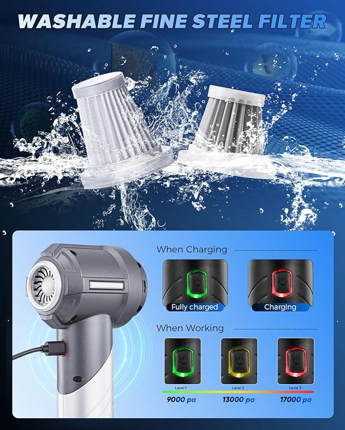 Saker Car Vacuum Portable Cordless, Foldable Mini Handheld Vacuum Cordless and Air Duster 17000PA High Power Vacuum Cleaners for Home,Cars,Office Cleaning HL133 Silver