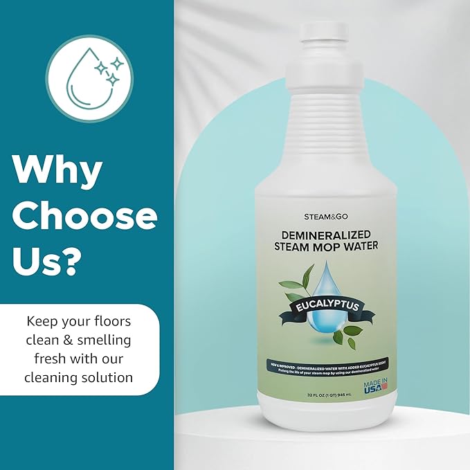 Steam & Go - Demineralized Water for Steam Cleaner, PVC-Free Floor Cleaner Liquid Compatible With Any Steam Mop, Ready-to-Use Multisurface Cleaner, Scented Mop Solution, Eucalyptus Mint, 32 oz