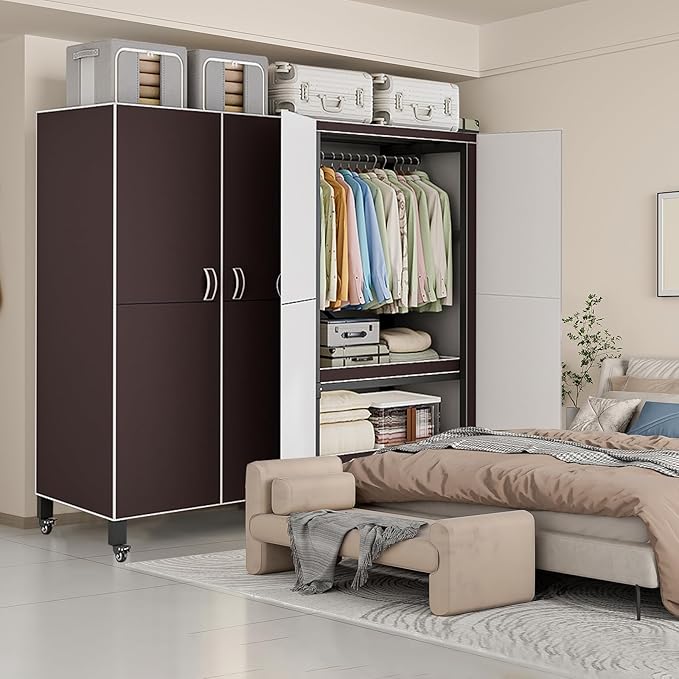 Heavy Duty Covered Clothes Rack with Magnetic Door Foldable Portable Wardrobe Closet for Hanging Clothing Rolling Black Metal Garment Rack on Wheels Closet System (Brown, 70.89in)