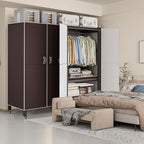 Heavy Duty Covered Clothes Rack with Magnetic Door Foldable Portable Wardrobe Closet for Hanging Clothing Rolling Black Metal Garment Rack on Wheels Closet System (Brown, 70.89in)