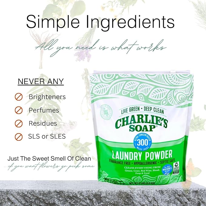 Charlie’s Soap Laundry Detergent Powder – 8 lb Bulk, Fragrance-Free, Hypoallergenic, Plant-Based, Biodegradable, Eco-Friendly, Deep Cleaning Powder for Sensitive Skin & HE Washers