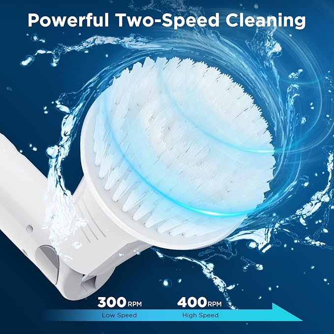 Electric Spin Scrubber, 2024 New Bathroom Cleaner, Power Shower Cleaning Brush with Extendable Handle & 4 Brush Heads, Shower Scrubber for Bathtub Tile Grout Kitchen Window and Floor (White/Gray)