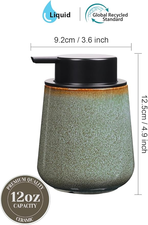 INGOFIN Ceramic Lotion Dispenser - 12 oz Refillable Hand Soap Dispenser Bathroom, Modern Liquid Dispenser with Pump, Dish Soap Dispenser for Kitchen,Kiln-Glazed Green