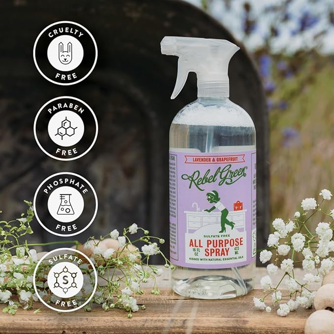 Rebel Green Natural All Purpose Cleaning Spray | Multi purpose Cleaner for Home & Kitchen | Eco-Chic Multi Surface Cleaner with Essential Oils (Lavender & Grapefruit, 16.00 Fl Oz & 64.00 Fl Oz Refill)