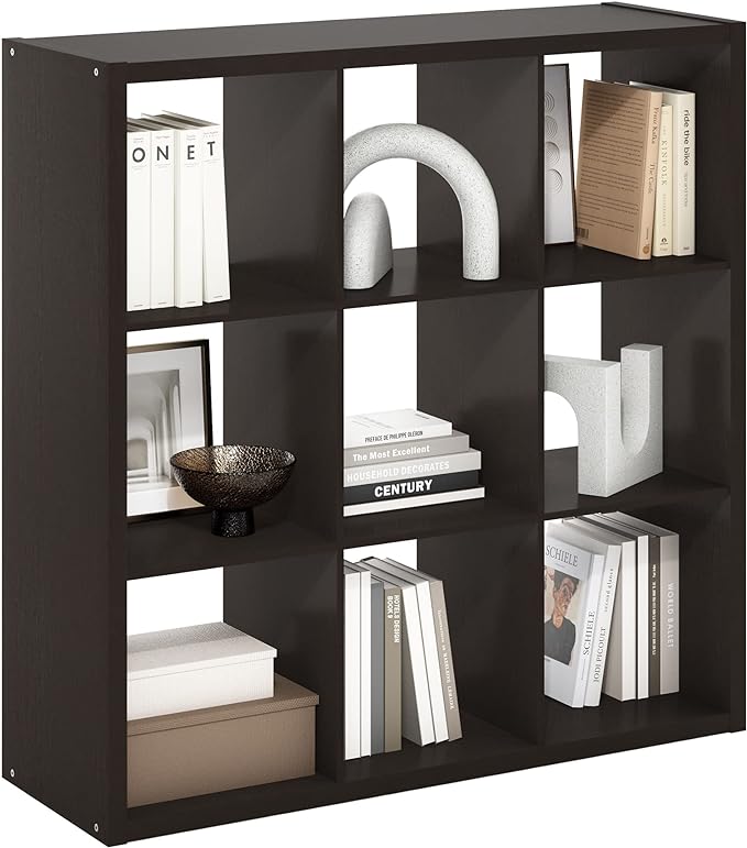 Furinno Cubicle Open Back Decorative Cube Storage Organizer, 9-Cube, Black Dark Oak