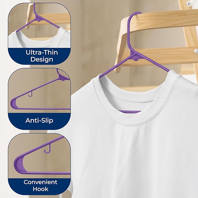 SereneLife Premium 20 Pack Plastic Hangers, Lightweight, Durable, Space Saving Clothes Organizers, Suitable for Shirts, Sweaters, Hoodies, Dresses, Kids Clothes, Good for Home Organization (Purple)