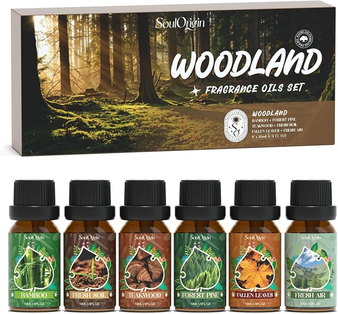 Woodland Fragrance Oils Set, Essential Oil Gift Set for Diffuser, Woody Scent Diffuser Oil, Diffuser Scents Oil for Home - Forest Pine, Teak, Bamboo, Fresh Soil, Fallen Leaves, Fresh Air
