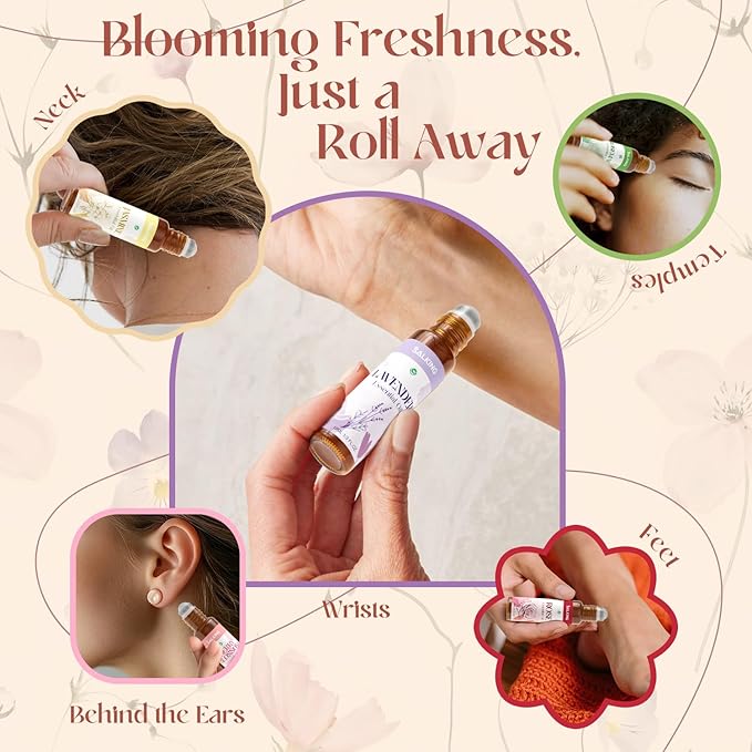 SALKING Essential Oils Roll On Set with Dried Flowers(6 Pack), Aromatherapy Oil with Roller Ball for Skin Use, Natural Fragrance Gift - Rose, Lavender, Cherry Blossom, Jasmine, Mint, Rosemary
