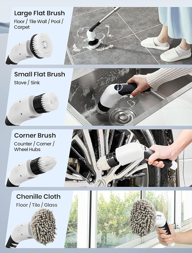 Electric Spin Scrubber, 2025 New Cordless Shower Cleaning Brush with 8 Replaceable Brush Heads, 3 Adjustable Speeds, and Adjustable Extension Handle for Bathroom Floor Tile