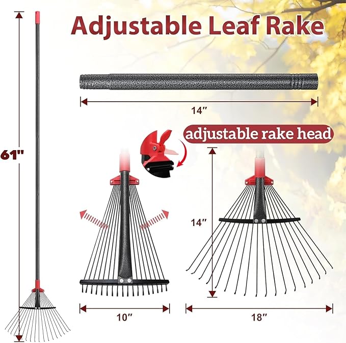 61 Inch Rake for Leaves , Adjustable 18 Tines with Expandable Head 9-18in Grass Rake Heavy Duty Metal Rakes for Women Children Yard Gardener Gardening Grass Debris Lawns