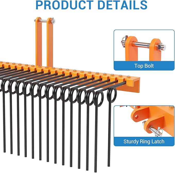 72" 3-Point Tractor Landscape Rake, Pine Straw & Yard Waste Cleaner, Cat 0/1 Hitch Compatible, Powder Coated Steel Blades, Orange