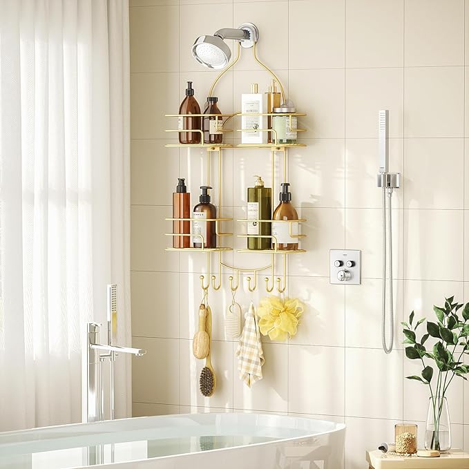 SRIWATANA Shower Caddy Hanging, Bathroom Organizer, No Drilling Shelves Over Shower Head, Bath Rack Holder with Hooks for Razors and Sponge - Gold