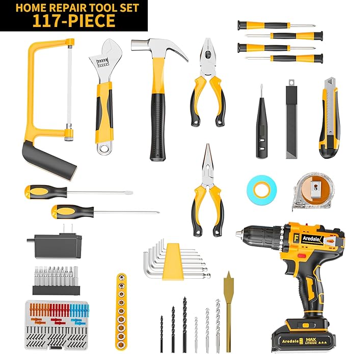 117-Piece Tool Kit with 20V Cordless Drill Mechanic Tool Set for Home & Auto Repair Toolbox Storage Case Perfect for Men, DIYers, Handymen