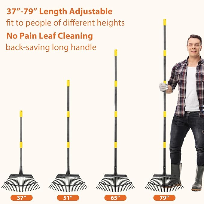 Rake, Gardening Rakes for Leaves Lawns Heavy Duty, 79 in Leaf Rake with 25 Clog-Free Tines, 18.5” Wide Large Head, Metal Garden Tools for Yard Quick Cleanup Garss, Debris, Detachable for Camping