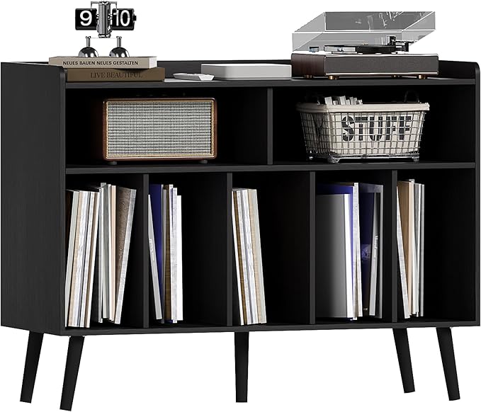 ChooChoo Record Player Stand, Turntable Stand with Vinyl Storage, Record Player Cabinet Up to 350 Albums, Cube Storage Organizer for Living Room, Black