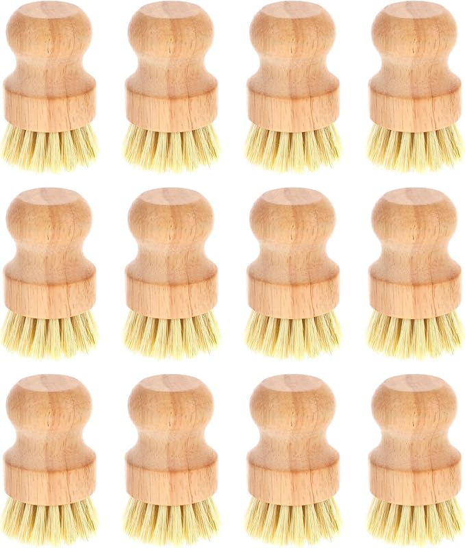 12 Packs Bamboo Dish Scrub Brushes Wooden Scrubbers Set Kitchen Dishwashing Scrubber with Natural Sisal Bristles for Iron Pot Pan Sink
