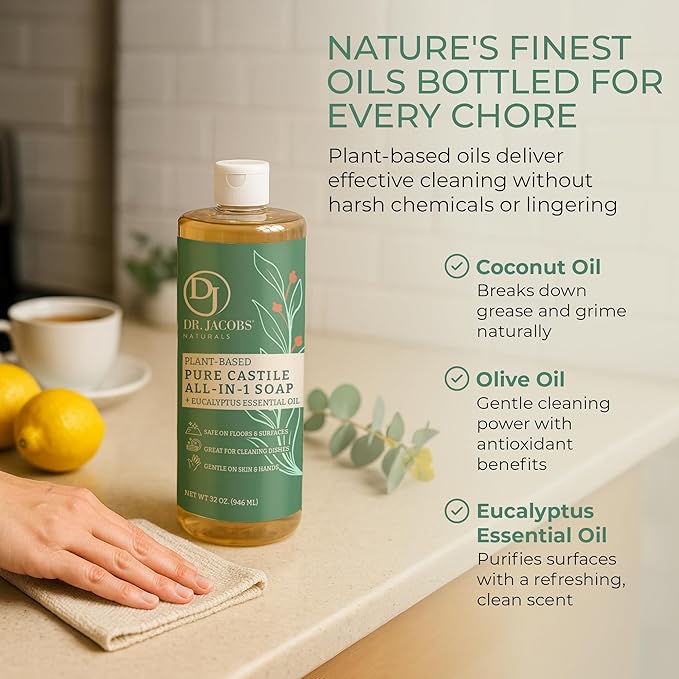 Dr. Jacobs Naturals Eucalyptus Castile All-in-One Cleaner and Soap - Plant-Based Formula for House Cleaning Floors and Appliances - Gentle on Skin and the Planet - 32 oz, 2 Pack