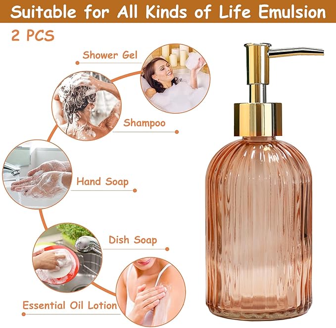 Glass Soap Dispenser with Gold Plastic Pump, 13.5oz Refillable Liquid Hand Soap Dispenser, 2 Pack Crystal Lotion Bottle for Modern Home Decor, Bathroom, Kitchen Countertop, Hotel(Orange)