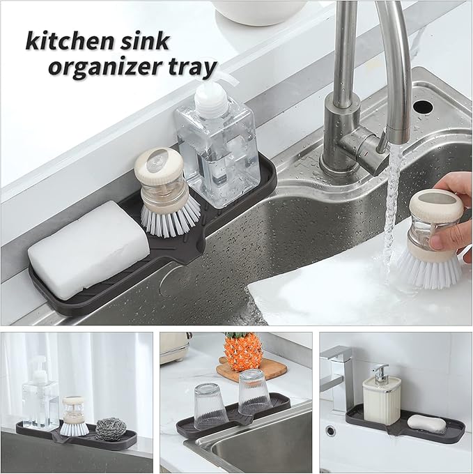 Silicone Bathroom Soap Dishes with Drain Spout-Bathroom and Kitchen Sink Organizer,Sponge Holder,Dish Soap Tray,Perfect for Dispenser,Scrubber,Bottle,Cup on Sink or Counter-Coffee 12"×4"