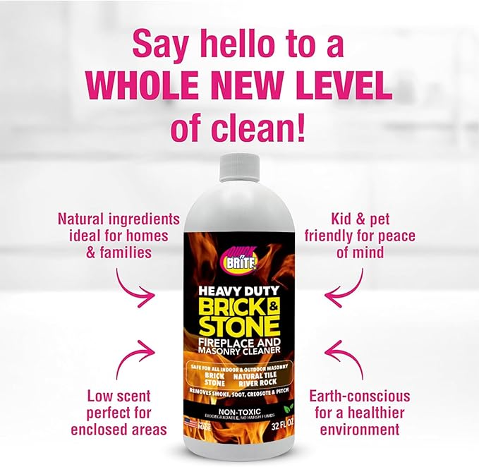 Quick'n Brite Fireplace Brick and Stone Cleaner 32oz with Scrub Brush - Natural Stone, Tile, and Marble Cleaner - Indoor Fireplace and Wood Stove Cleaning Kit - Pellet Stove Creosote Remover