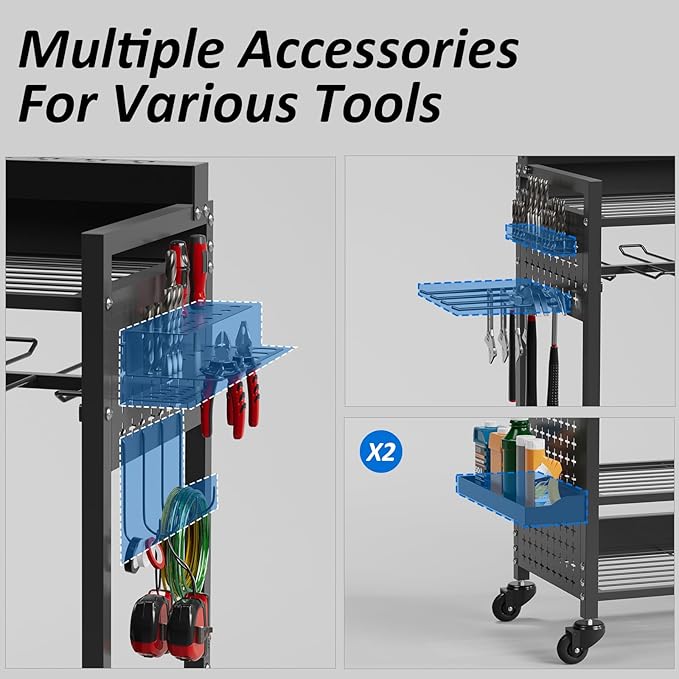 Power Tool Organizer Cart with 8 Charger Ports & Adjustable Storage, Garage Workshop Utility Cart for Mechanic, Birthday Gift Ideas for Men