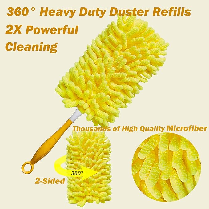 Reusable Duster for Swiffer, 4 Refills +1 Handle, 360 Heavy Duty Duster Refill Compatible with Swiffer Hand Dusters, for Dusting Furniture, Blinds, Ceiling Fans, Walls and More, Yellow