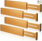 4 Pack Bamboo Kitchen Drawer Dividers 2.6" High, Adjustable from 12 Inch to 17 Inch Drawer Organizers, Expandable Drawer Separators for Clothes, Bedroom, Dresser, Office (Beige)